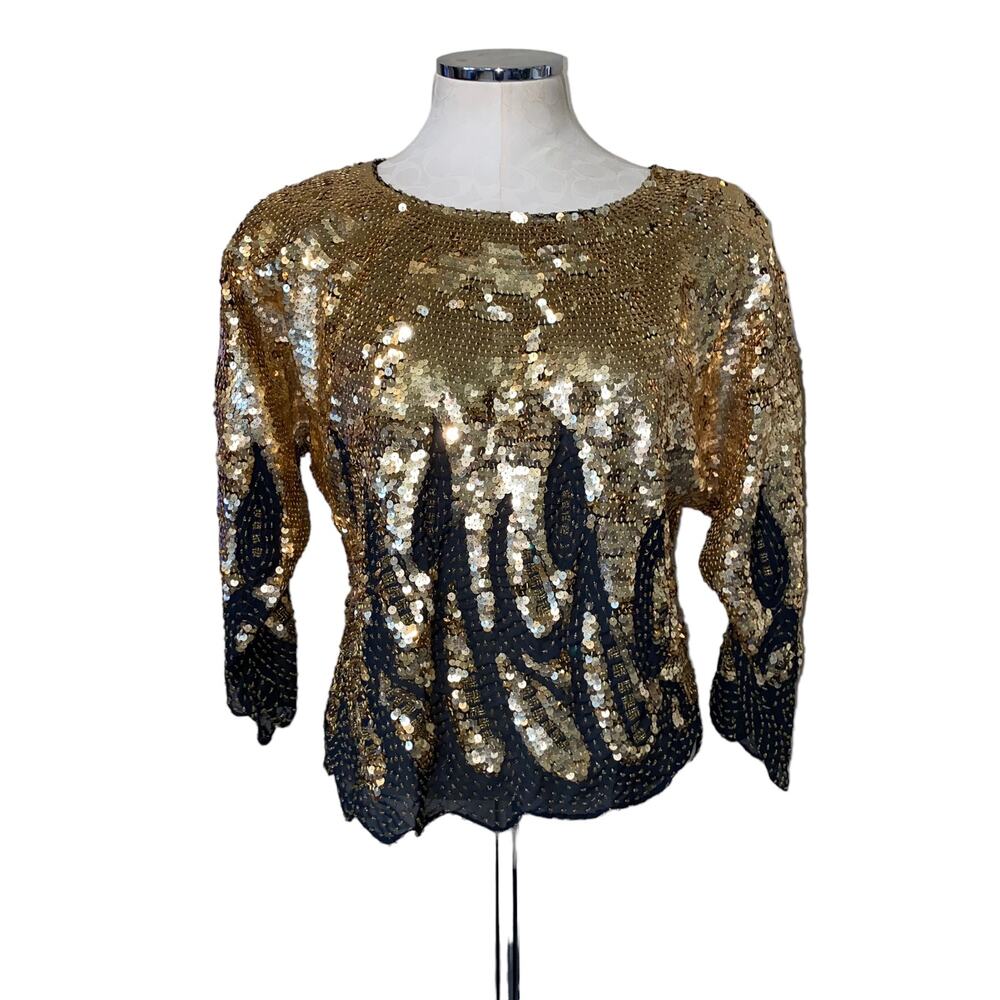 Vintage Black & Gold Sequins Beaded Blouse with scalloped hem size 44 M/L